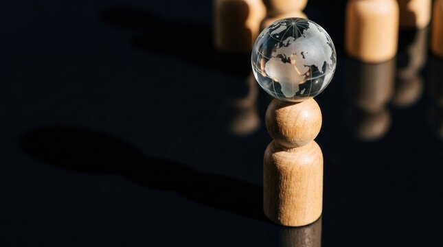 Glass Globe Marble Balancing on Wooden Peg Person on Dark Reflective Surface for Global Leadership and Corporate Responsibility Concepts