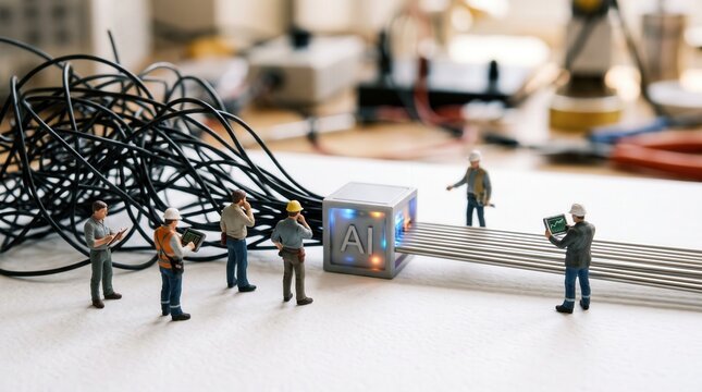Miniature engineers organizing tangled cables through AI cube for data cleaning and system automation efficiency