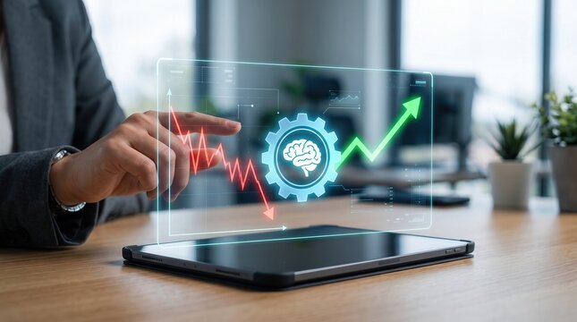 Business professional interacting with holographic AI brain gear and growth chart over tablet for digital transformation and data-driven success
