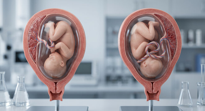 Healthy Pregnancy vs Nuchal Cord, Umbilical Cord Around Fetal Neck Medical 3D Illustration