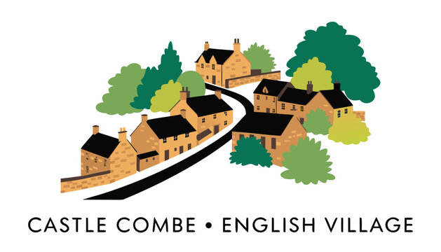 Very beautiful realistic vector illustration of Castle Combe, a historic English village, featuring a bold caption reading "CASTLE COMBE &bull; ENGLISH VILLAGE", honey-colored stone cottages, winding lanes