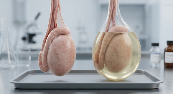 Healthy Testis vs Hydrocele, Fluid Around Testicle Medical 3D Illustration