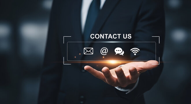 Contact Us Options A businessman in a suit extends his hand displaying a holographic interface with icons for email symbol chat and WiFi inviting connection