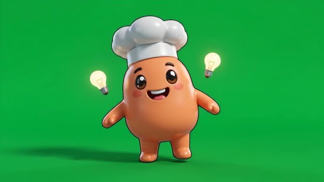 Cute 3D character chef with light bulbs on a green screen, representing a cooking idea or recipe.