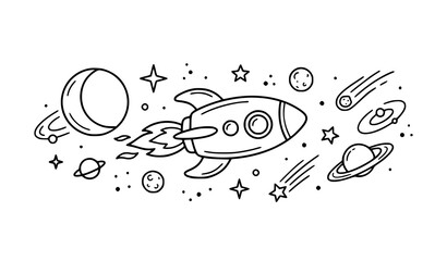 Hand drawn doodle illustration of a rocket ship flying through outer space with planets and stars © Masud