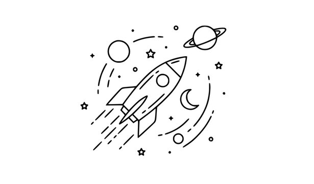 Simple line art illustration of a rocket ship flying through space with planets and stars
