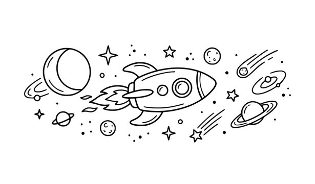 Hand drawn doodle illustration of a rocket ship flying through outer space with planets and stars