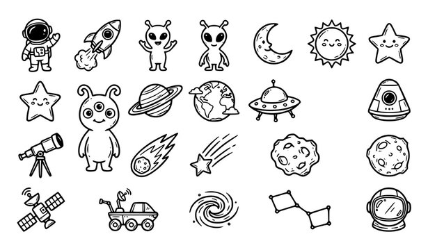 Set of cute hand drawn space and astronomy doodle icons featuring planets stars aliens and rockets