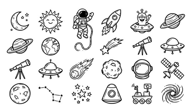 Set of hand drawn space themed doodles featuring planets stars astronaut rocket ship and alien elements