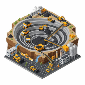 Modern Open Pit Mining Operations Featuring Heavy Mining Equipment, Large Haul Trucks, Material Transportation, Excavation Activities, and Industrial Infrastructure in a Large Scale Surface Mining Env