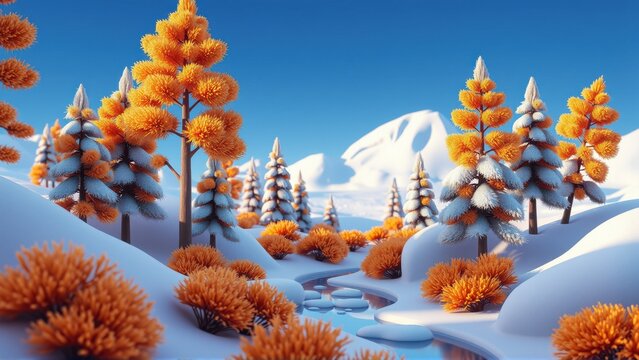 Stylized winter landscape. Orange trees contrast snow covered mountains, stream flows through valley. Bright blue sky completes scene.