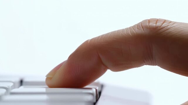 neutral finger pressing keyboard key in close-up computer setting with plastic and metal materials and top-down perspective on white and gray background with natural light.