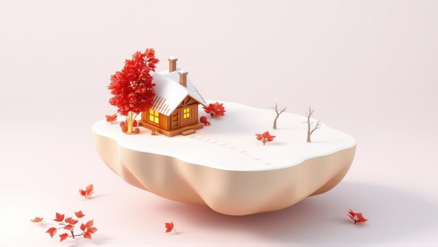 Cozy cabin rests upon snowy island. Autumn leaves scatter around, creating serene winter scene. Soft lighting enhances whimsical feel.