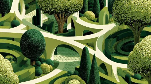 Green park layout with paths, trees and plants in a garden setting