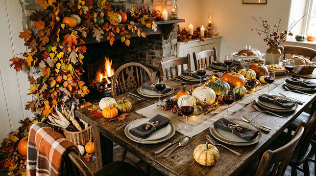 A warm and inviting thanksgiving feast a beautifully decorated table setting with pumpkins autumn leaves and a cozy fireplace for a memorable
