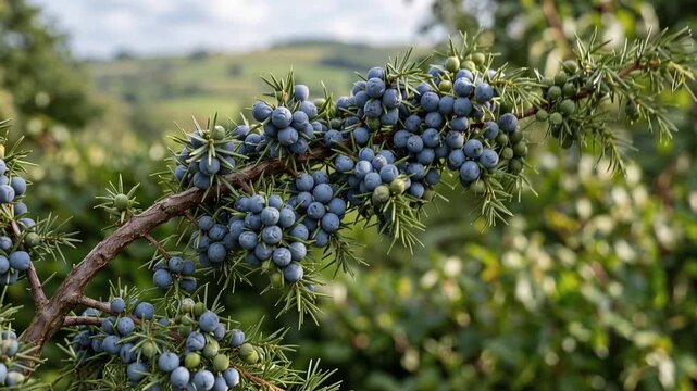 Branch with fresh ripe blue juniper berries in garden, green foliage backdrop, aromatic botanical plant, 4K video