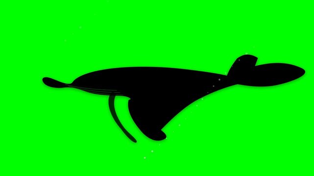 Black whale silhouette swimming smoothly across a vibrant neon green chroma key background with clean graphic outlines and high contrast visual textures.