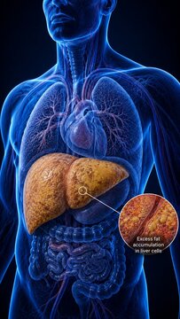 Fatty Liver Disease 3D Medical Illustration Showing Excess Fat Accumulation in Hepatic Cells and Internal Anatomy
