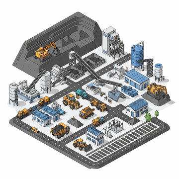 Modern Open Pit Mining Operations Featuring Heavy Mining Equipment, Large Haul Trucks, Material Transportation, Excavation Activities, and Industrial Infrastructure in a Large Scale Surface Mining Env