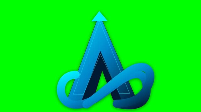 Arrow symbol integrated into a blue infinity loop stands sharply textured against a solid green background.