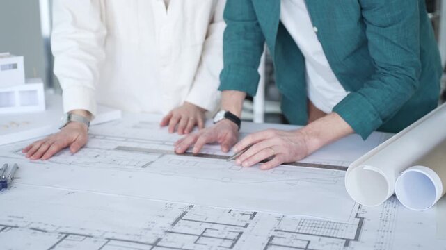 Architects discussing apartment building blueprint at office desk, using drafting tools for new architectural project design. Architecture and business concept