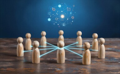 Obraz premium Wooden figures connected by glowing lines to digital network, symbolizing teamwork and collaboration.