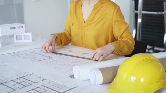 Architect woman designing structural blueprint for new building with floor plan and house model. Architecture and business concept