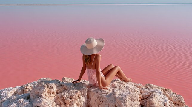 Woman in swimsuit rests by Spain's Pink Lake. Water's bright pink shade makes the scene peaceful.