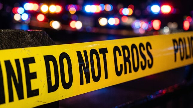 Yellow Police Caution Tape Stretched Across A Crime Scene At Night With Blurred Emergency Vehicle Flashing Lights In Background