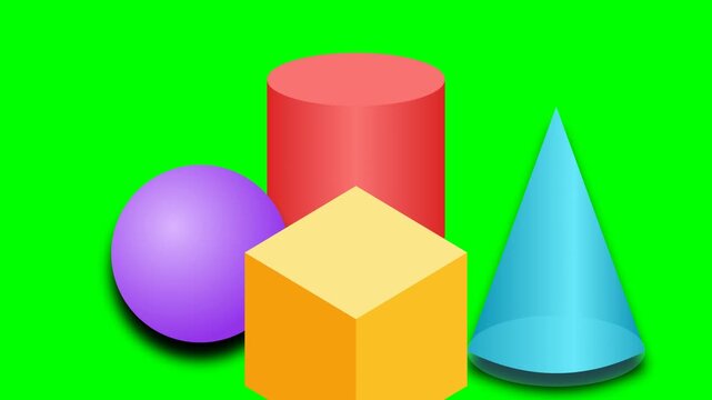 Geometric 3D shapes including sphere, cylinder, cube, and cone rendered with smooth textures and bright lighting.