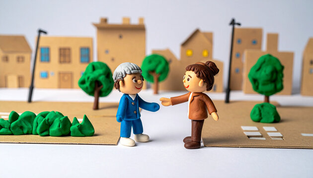 Two Clay Figures Greeting Each Other in Cardboard City