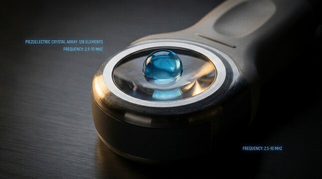 Macro view of medical transducer probe with blue acoustic gel and technical specifications