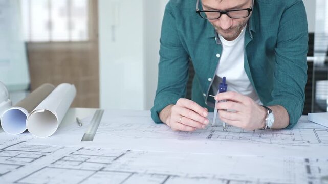 Architect designing building plan using ruler and pen, working on blueprints for construction and engineering project. Architecture and business concept