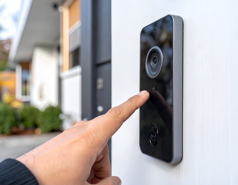 Close up of a finger pressing a smart doorbell camera button.