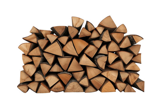 Dense pile of split firewood logs isolated on transparent background