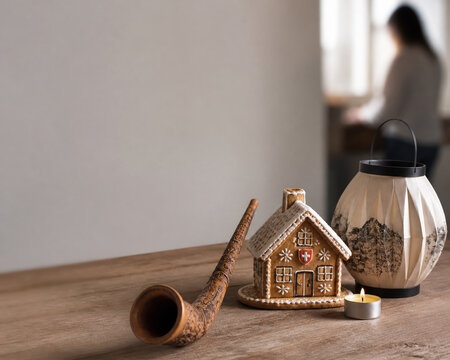 Miniature carved alphorn, gingerbread chalet cookie and paper lantern on workspace, safe tradition concept