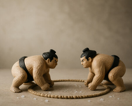 Hand-carved wooden sumo wrestler figurines with rope ring and salt grains, sumo culture and respect concept