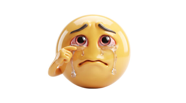 Crying yellow emoji face with tears red eyes sad expression realistic glossy sphere character isolated on white background
