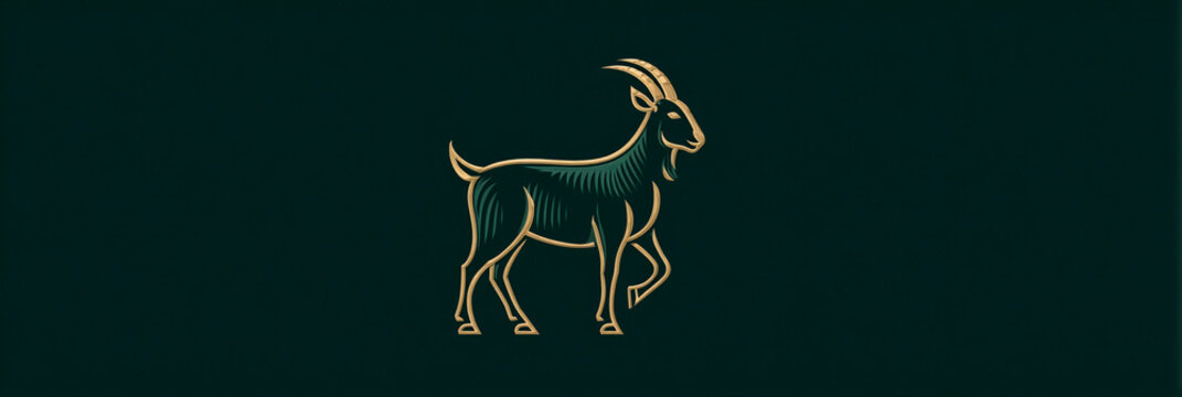 Goat stands still, embroidered in gold on dark green fabric. Its horns curve upward, and its posture is calm and poised. Ideal for vintage, rustic, or nature-themed designs. Works well for logos