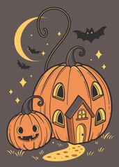 Fototapeta premium Halloween Pumpkin House and Jack-o-Lantern Illustration