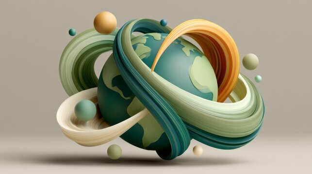 Colorful 3D model of planet Earth with rings and floating spheres in a simple setting