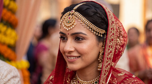North Indian bride wearing elaborate traditional gold matha patti