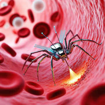 Nanobot maneuvers through a red artery, surrounded by drifting blood cells, targets a vessel area using a precise micro laser. Microscopic robotic surgery, futuristic pinnacle of targeted medicine