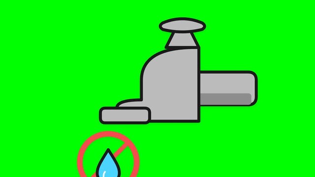 Grey faucet icon displaying a red prohibition sign over a light blue water droplet on a bright green screen background.