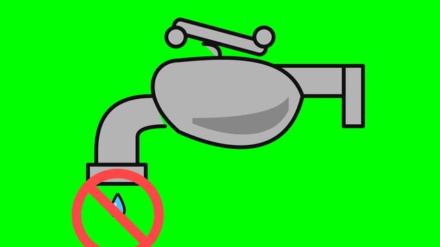 Water tap illustration featuring a red prohibition sign over a dripping water drop against a bright green background.