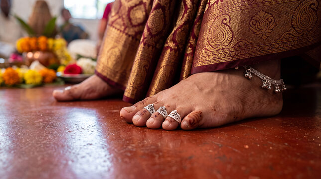Indian bride wearing traditional silver toe rings with silk wedding saree