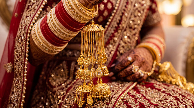 Ornate Punjabi kalire hanging from traditional bridal chooda