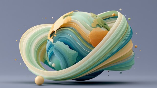 Creative design of a swirling globe with colors representing water and land in a three-dimensional space