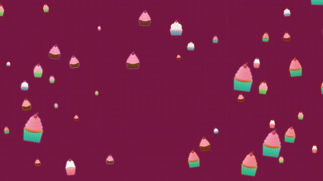 Animated Cupcakes Floating Against A Dark Pink Grid Background