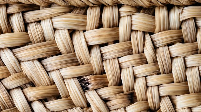Close up of woven natural fiber basket texture showing detailed interlaced pattern and warm earthy tones